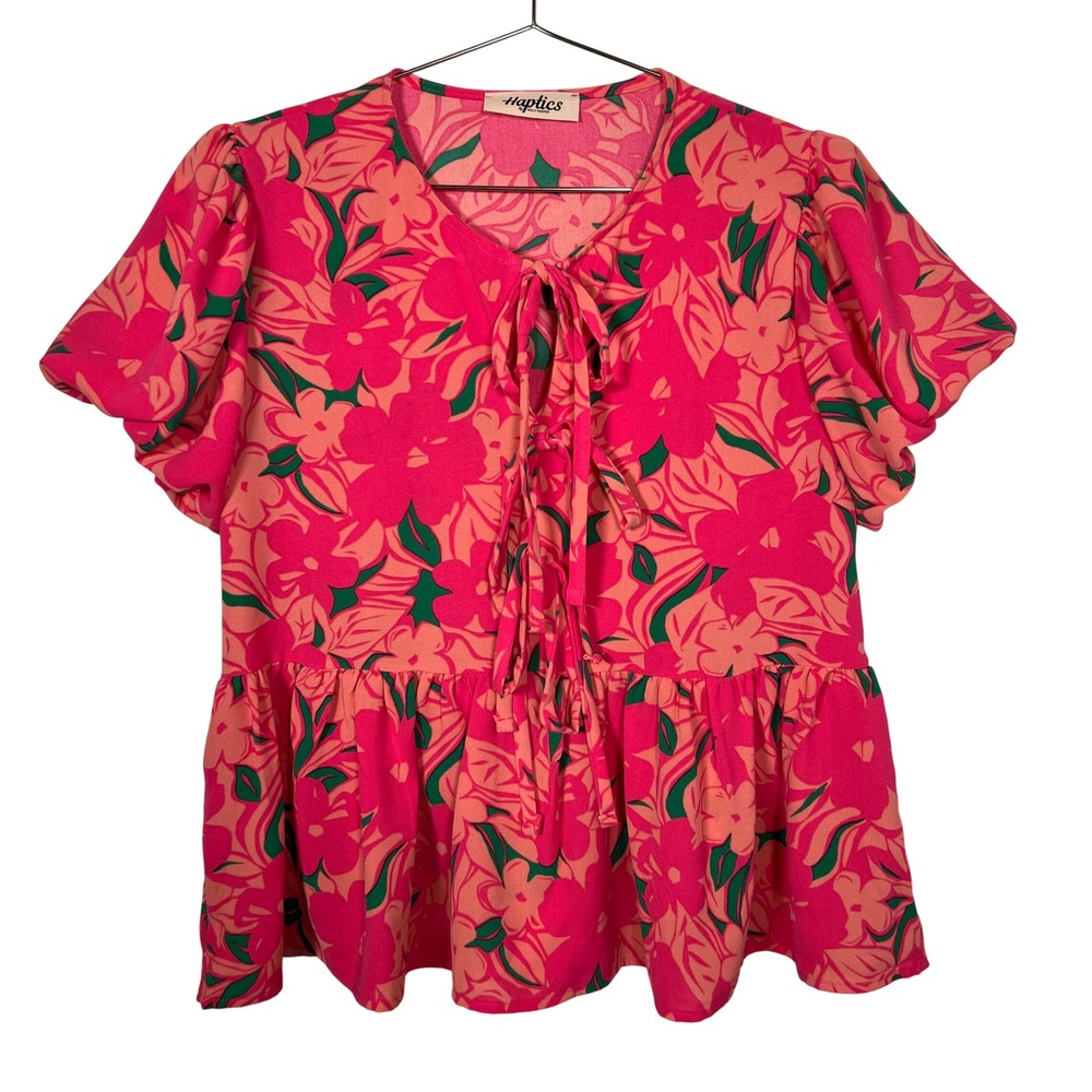 Pink Front Tie Peplum Shirt Blouse Puff Sleeve Summer Feminine Floral T-shirt M